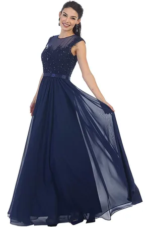 May Queen Dainty Cap Sleeve Lace Applique Illusion Prom Gown