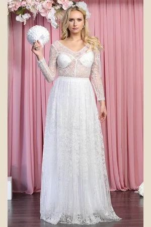 May Queen RQ7920B - Ornated Sheer Bodice Long Sleeve A Line Dress