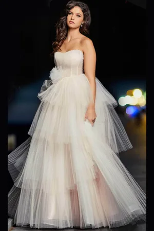 JOVANI 38537 - Corset Tiered Off Shoulder Gown