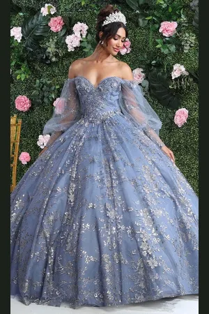 May Queen LK206 - Puff Sleeve Floral Ballgown
