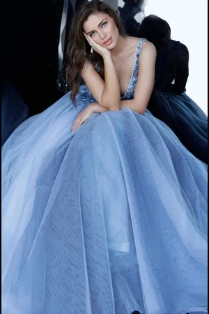 JOVANI 3110 Floral Applique Deep V-neck Tulle Ballgown
