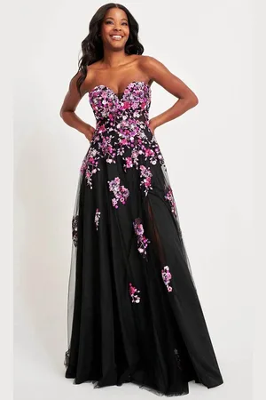FAVIANA 11028 - Strapless Floral Appliqued Prom Modest Prom Gown