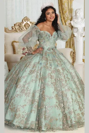 May Queen LK206 - Puff Sleeve Floral Ballgown