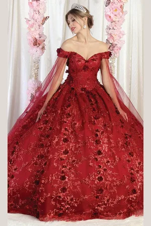 May Queen LK184 - Off-Shoulder 3D Floral Embellished Ballgown