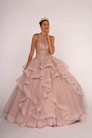 Elizabeth K GL2513 Illusion Jewel-Ornate Appliqued Ballgown