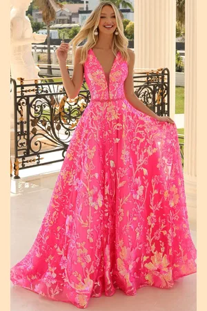 Clarisse 810458 - V-Neck Floral Sequin Ballgown