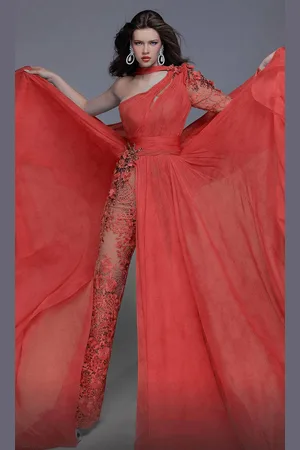 MNM Couture 2740 - Floral Embroidered Jumpsuit with Overskirt