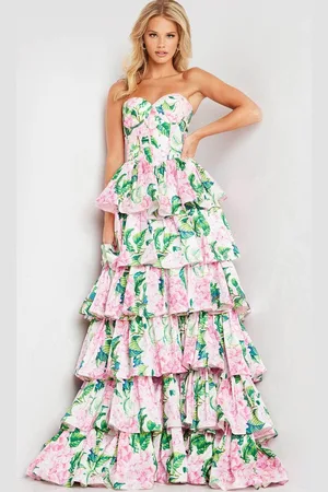 JOVANI 37058 - Floral Printed Corset Bodice Prom Gown