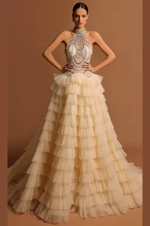 TARIK EDIZ 98536 - Halter Ruffled Tulle Ballgown