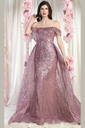 May Queen RQ8029 - Straight-Across Beaded Evening Gown
