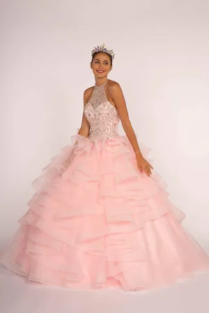 Elizabeth K GL2512 Ornate Illusion High Halter Ruffled Ballgown