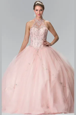 Elizabeth K GL2348 Bead Embellished Halter Neck Tulle Ballgown