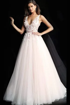 JOVANI 61109 Floral Applique Plunging V-neck Tulle Plus Size Prom Ballgown