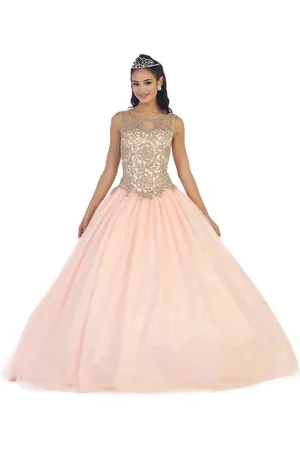 May Queen LK-72 Lace Illusion Jewel Evening Gown