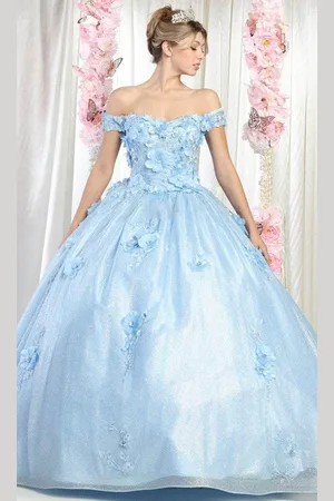 May Queen LK161 - Off Shoulder Floral Prom Ballgown