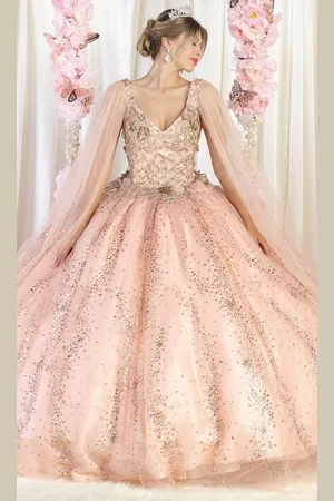 May Queen LK205 - Floral Appliqued V-Neck Ballgown