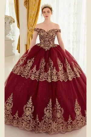Cinderella Divine 15705 - Gold Lace Applique Off-Shoulder Ballgown