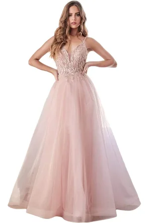 Cinderella Divine CD0154 Plunging Beaded Appliqued Tulle Dress