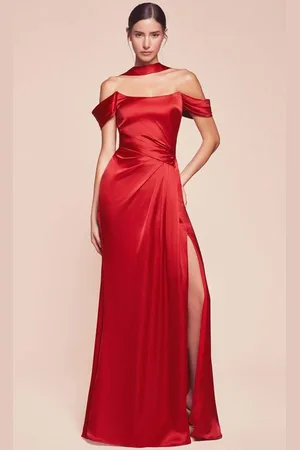 Cinderella Divine 7452 - High Slit Satin Long Gown