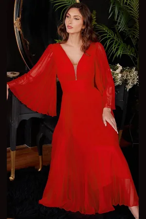 Cinderella Divine CD242S - Long Sleeve Tea-Length Prom Dress