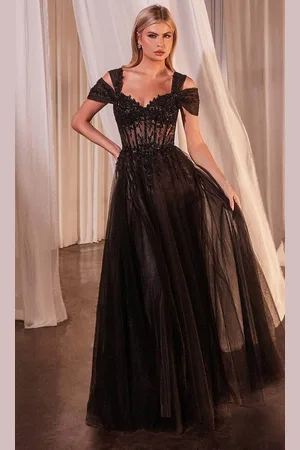 Ladivine CD0237 - Cold Shoulder Beaded Appliqued Prom Dress