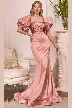 Ladivine CD983C - Puff Sleeve Satin Long Gown