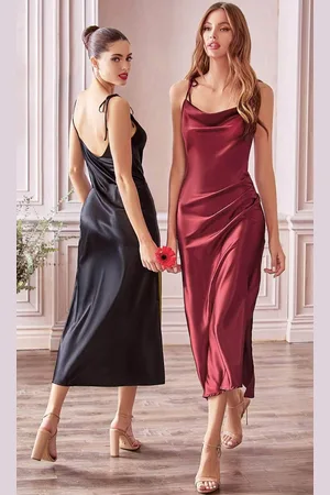 Ladivine BD103 - Satin Cowl Neck Sheath Tea-Length Dress