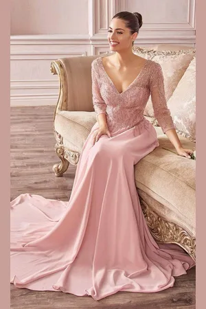 Cinderella Divine CD0171 Sheer Quarter Beaded Chiffon A-Line Gown