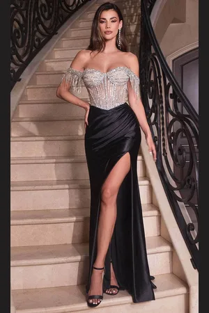 Ladivine CD821 - Off-Shoulder Beaded Corset Bodice Prom Gown