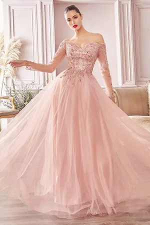 Cinderella Divine CD0172 Off-Shoulder Beaded Glitter Tulle Gown