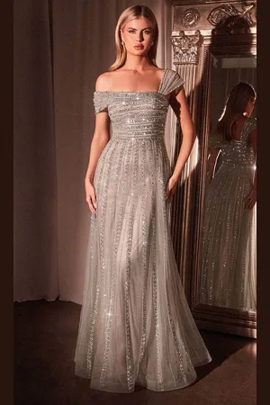 Cinderella Divine CD0238 - Cap Sleeve Sequined Prom Gown