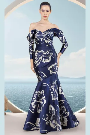 Janique 2601 - Off Shoulder Floral Evening Dress