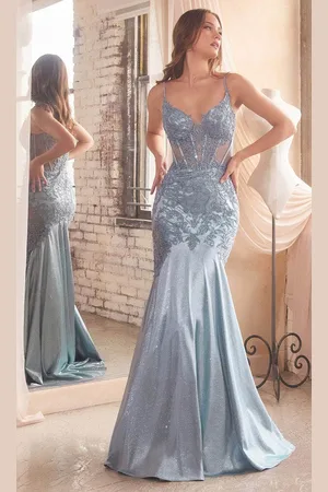 Ladivine CDS470 - Beaded Appliqued Illusion Evening Gown