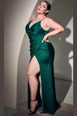 Cinderella Divine 7494 - Deep V-Neck Satin Evening Gown