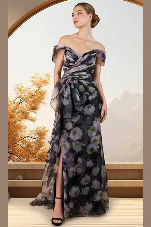 Janique W4017 - Floral Draped Evening Dress