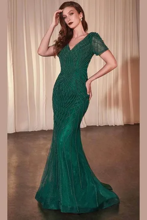 Ladivine CC4019 - Beaded Short Sleeve Evening Gown