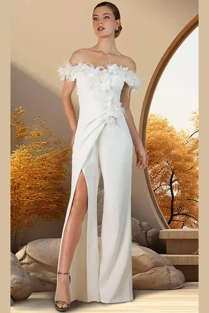 Janique W3035 - Feather Off Shoulder Jumpsuit