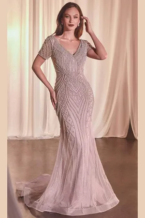 Ladivine CC4019 - Beaded Short Sleeve Evening Gown