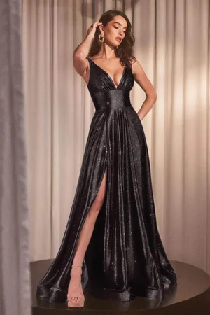 Ladivine CC2349 - Plunging V-Neck Glitter Satin Prom Gown
