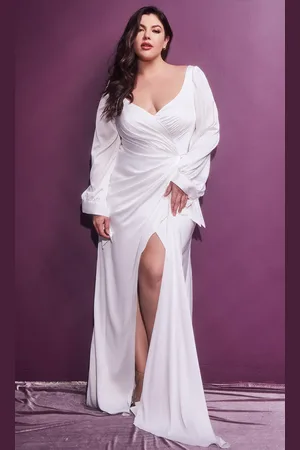 Cinderella Divine Bridal S - 7478W Portrait Neckline High Slit Dress