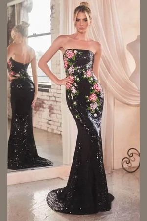 Ladivine CD811 - Floral Embroidered Strapless Prom Gown