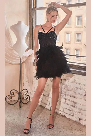 Ladivine CD0224 - Sleeveless Feather Embellished Cocktail Dress