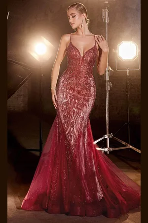 Ladivine CC2253 - Plunging Godets Mermaid Evening Gown