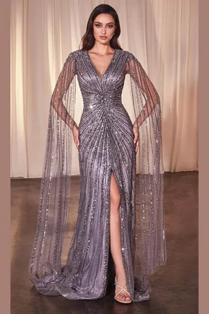Ladivine CD0239 - Cape Sleeve Embellished Prom Dress