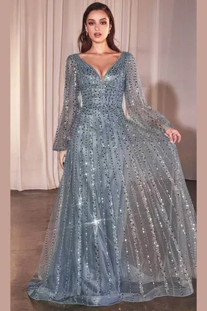 Ladivine CD0240 - Sheer Bishop Sleeve Evening Gown