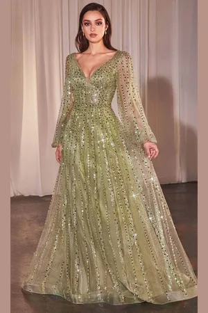 Ladivine CD0240 - Sheer Bishop Sleeve Evening Gown