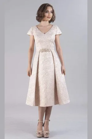 Feriani Couture 20515 Tea Length Beaded Waist A-Line Dress