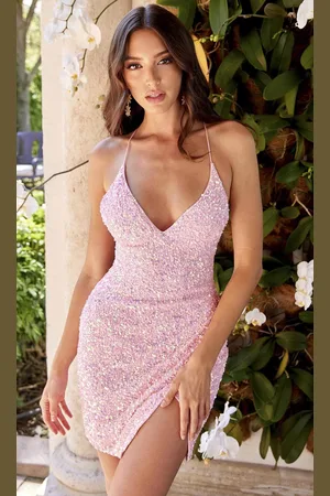 Primavera Couture 3896 - Plunging V-Neck Sequin Cocktail Dress