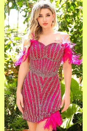 Primavera Couture 4058 - Off-Shoulder Feather Details Cocktail Dress