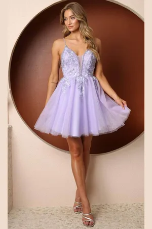 Nox Anabel T741 - Embroidered Plunging V-neck Short Dress